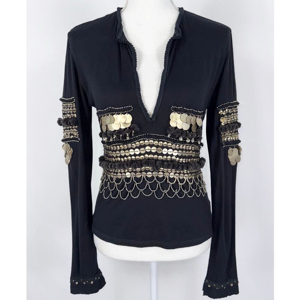 Balance Rohit Bal Bohemian Festival Embellished Coin Top Women's Medium Black
